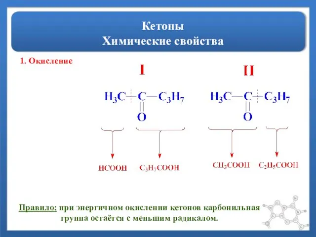 Кетоны Химические свойства 1. Окисление Правило: при энергичном окислении кетонов карбонильная группа остаётся с меньшим радикалом.