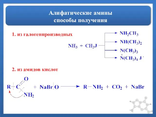 Алифатические амины способы получения 1. из галогенпроизводных 2. из амидов кислот