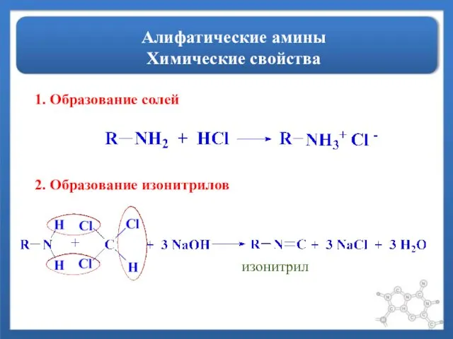 Алифатические амины Химические свойства 1. Образование солей 2. Образование изонитрилов изонитрил
