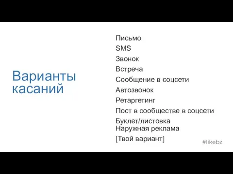 Варианты касаний Письмо SMS Звонок Встреча Сообщение в соцсети Автозвонок