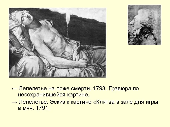 ← Лепелетье на ложе смерти. 1793. Гравюра по несохранившейся картине.