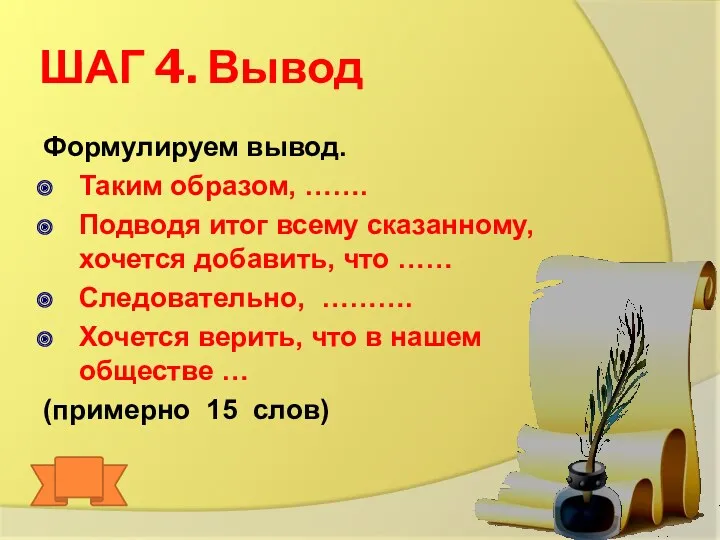 ШАГ 4. Вывод Формулируем вывод. Таким образом, ……. Подводя итог