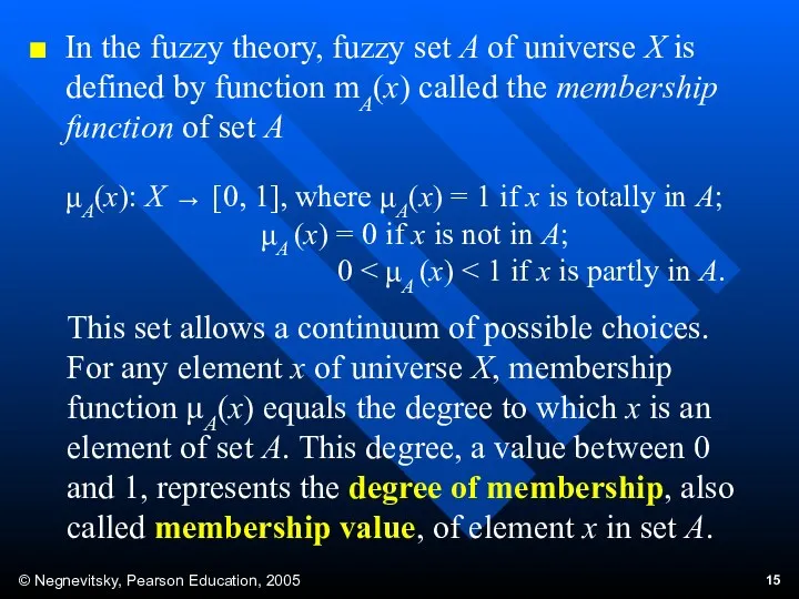 In the fuzzy theory, fuzzy set A of universe X is defined by