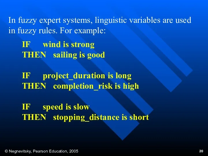 In fuzzy expert systems, linguistic variables are used in fuzzy rules. For example: