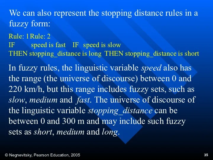 We can also represent the stopping distance rules in a fuzzy form: Rule:
