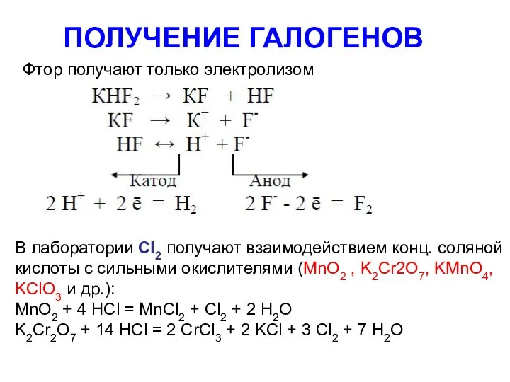 ПОЛУЧЕНИЕ ГАЛОГЕНОВ Фтор получают только электролизом В лаборатории Сl2 получают