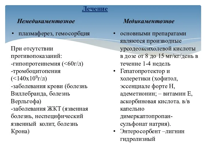 Лечение Немедикаментозное плазмаферез, гемосорбция При отсутствии противопоказаний: -гипопротеинемия ( -тромбоцитопения ( -заболевания крови