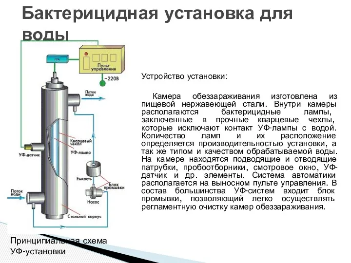 Устройство установки: Камера обеззараживания изготовлена из пищевой нержавеющей стали. Внутри