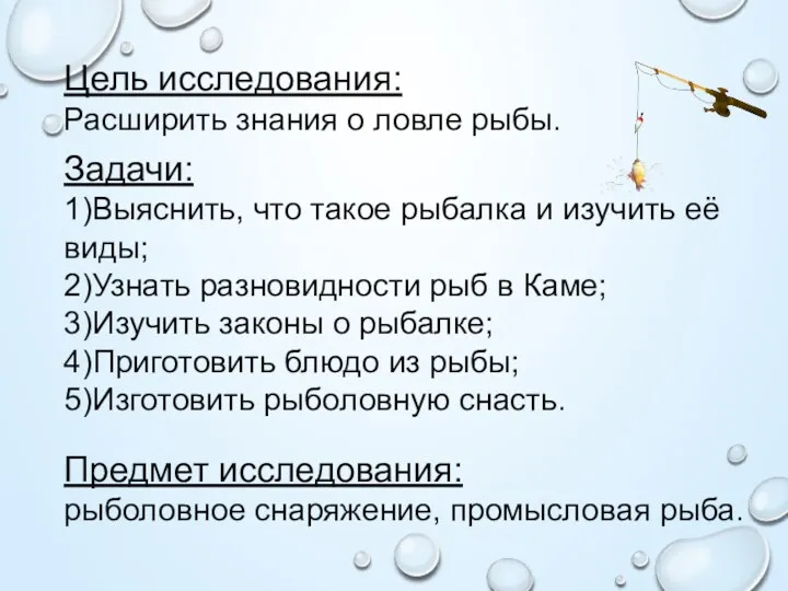 Цель исследования: Расширить знания о ловле рыбы. Задачи: 1)Выяснить, что