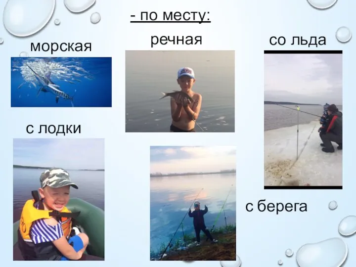 - по месту: морская речная со льда с лодки с берега