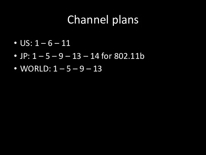 Channel plans US: 1 – 6 – 11 JP: 1