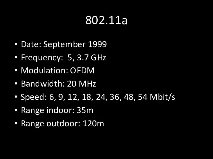 802.11a Date: September 1999 Frequency: 5, 3.7 GHz Modulation: OFDM