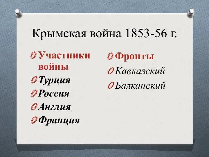 Крымская война 1853-56 г. Участники войны Турция Россия Англия Франция Фронты Кавказский Балканский