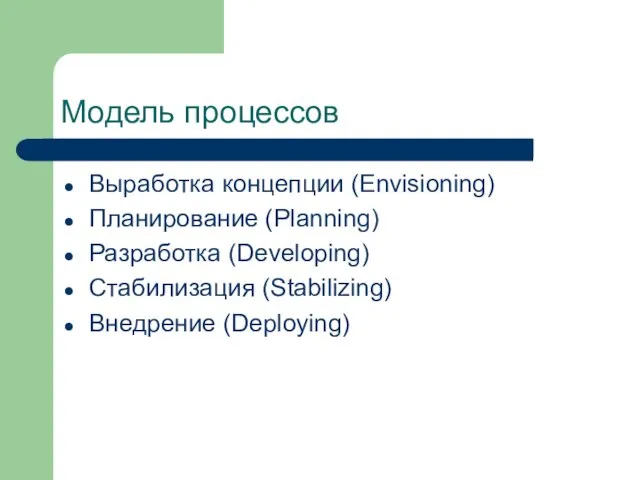 Модель процессов Выработка концепции (Envisioning) Планирование (Planning) Разработка (Developing) Стабилизация (Stabilizing) Внедрение (Deploying)
