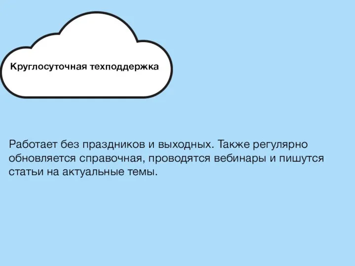 Круглосуточная техподдержка Работает без праздников и выходных. Также регулярно обновляется