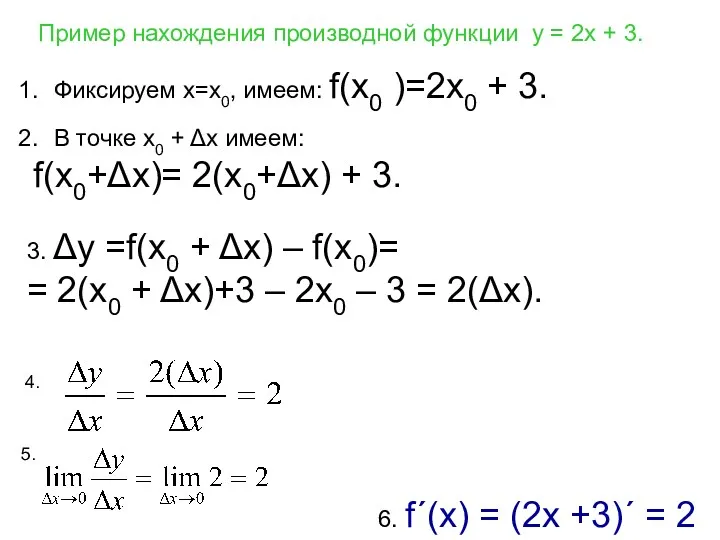 Пример нахождения производной функции у = 2х + 3. Фиксируем