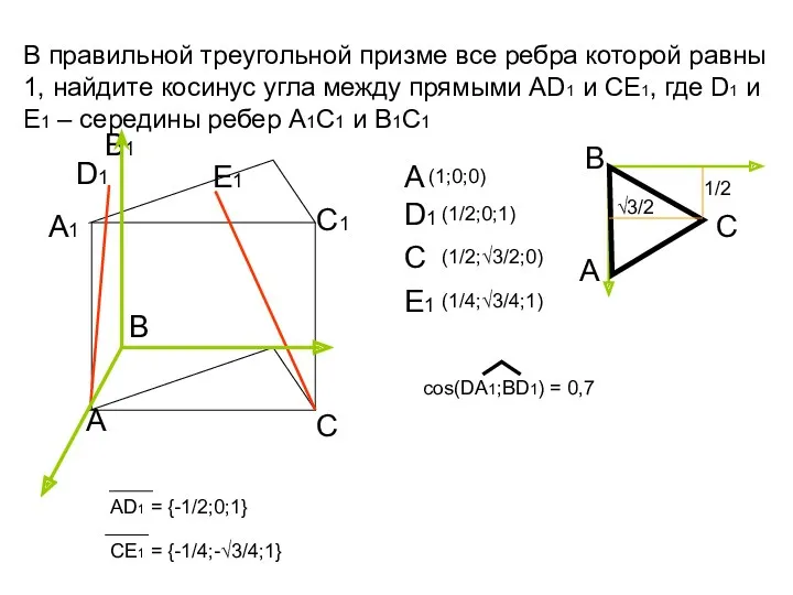 В правильной треугольной призме все ребра которой равны 1, найдите косинус угла между