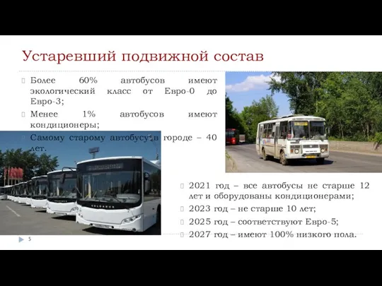 Устаревший подвижной состав Более 60% автобусов имеют экологический класс от Евро-0 до Евро-3;