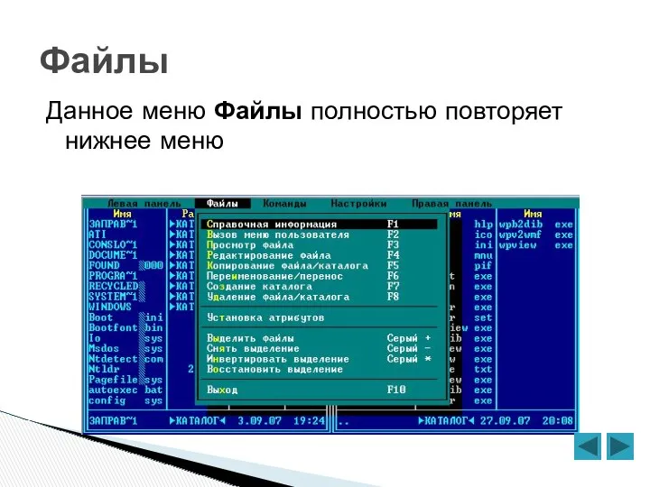 Файлы Данное меню Файлы полностью повторяет нижнее меню