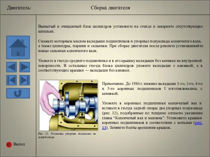 Выход Двигатель: Сборка двигателя Вымытый и очищенный блок цилиндров установите