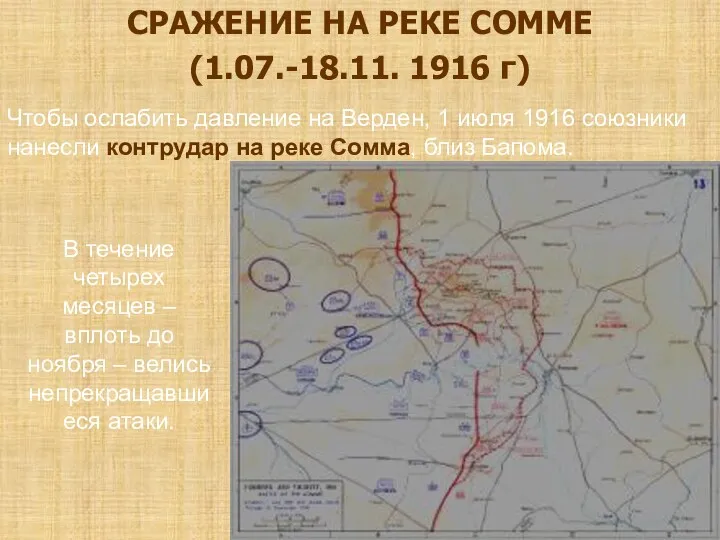 СРАЖЕНИЕ НА РЕКЕ СОММЕ (1.07.-18.11. 1916 г) Чтобы ослабить давление