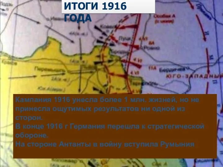 Куляшова И.П. ИТОГИ 1916 ГОДА Кампания 1916 унесла более 1 млн. жизней, но