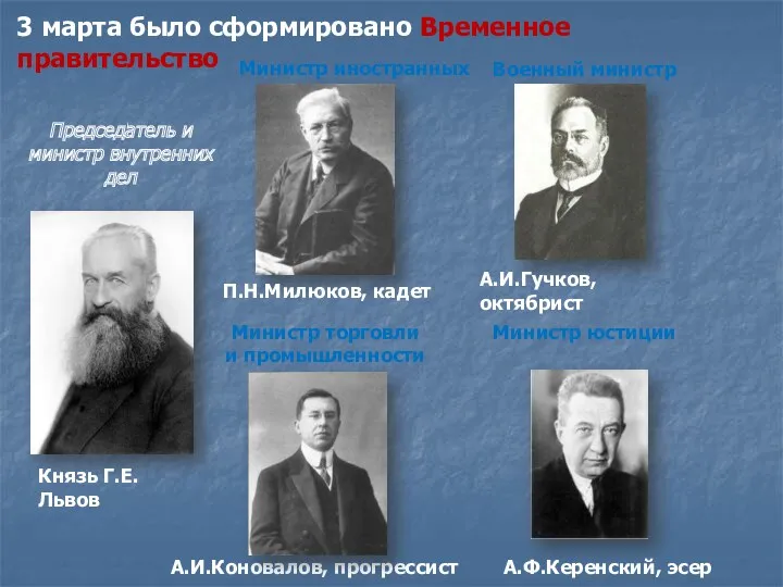 3 марта было сформировано Временное правительство Председатель и министр внутренних дел Князь Г.Е.Львов