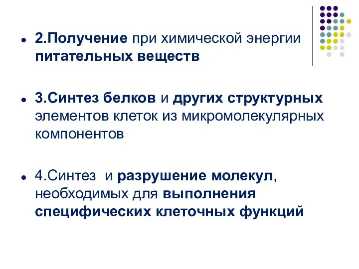 2.Получение при химической энергии питательных веществ 3.Синтез белков и других