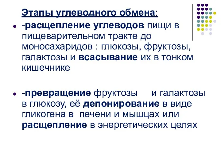 Этапы углеводного обмена: -расщепление углеводов пищи в пищеварительном тракте до