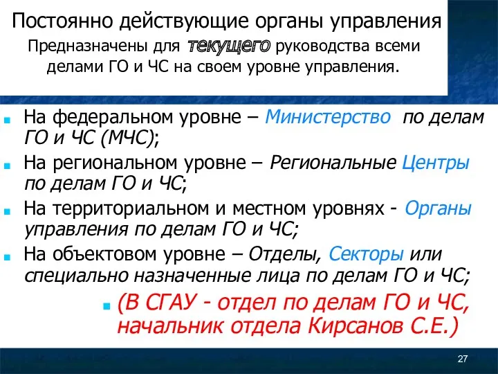 Постоянно действующие органы управления Предназначены для текущего руководства всеми делами