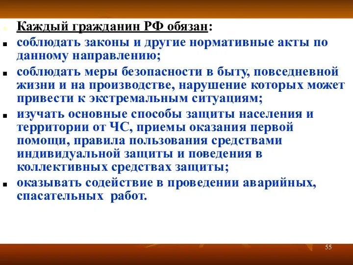 Каждый гражданин РФ обязан: соблюдать законы и другие нормативные акты по данному направлению;