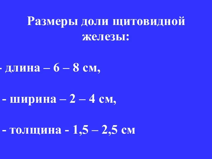 Размеры доли щитовидной железы: длина – 6 – 8 см,