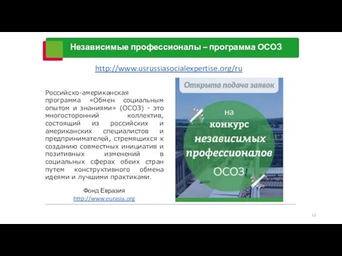 Независимые профессионалы – программа ОСОЗ http://www.usrussiasocialexpertise.org/ru Российско-американская программа «Обмен социальным