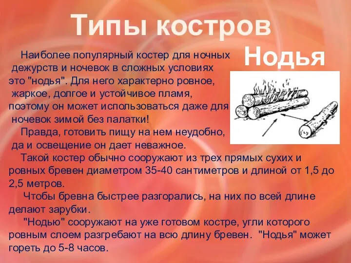 Типы костров Нодья Наиболее популярный костер для ночных дежурств и