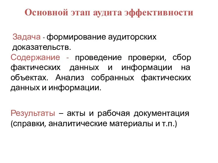 Основной этап аудита эффективности Задача - формирование аудиторских доказательств. Содержание