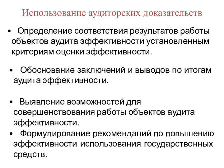 Использование аудиторских доказательств Определение соответствия результатов работы объектов аудита эффективности