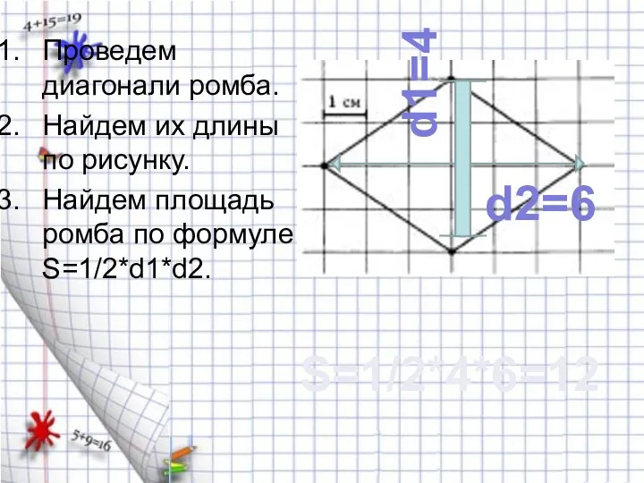 Проведем диагонали ромба. Найдем их длины по рисунку. Найдем площадь ромба по формуле