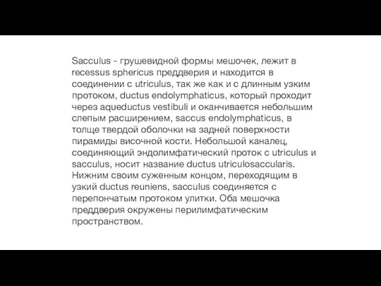 Sacculus - грушевидной формы мешочек, лежит в recessus sphericus преддверия