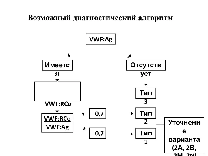 Возможный диагностический алгоритм VWF:Ag Имеется Отсутствует Тип 3 Определение VWF:RCo