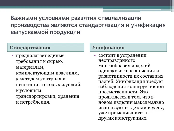 Важными условиями развития специализации производства являются стандартизация и унификация выпускаемой