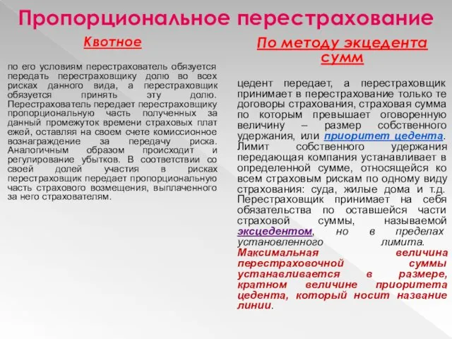 Пропорциональное перестрахование Квотное по его условиям перестрахователь обязуется передать перестраховщику