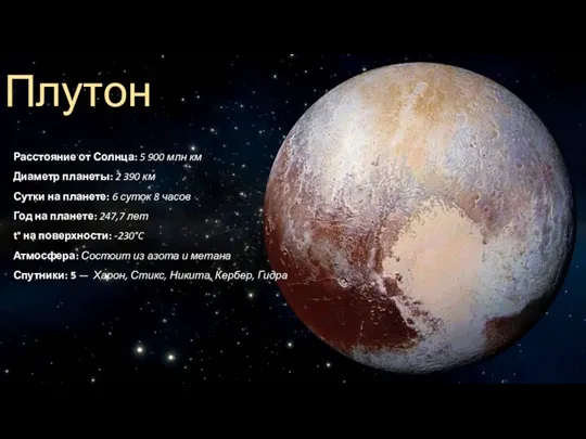 Плутон Расстояние от Солнца: 5 900 млн км Диаметр планеты: