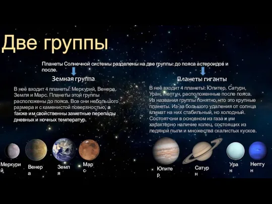 Две группы Планеты Солнечной системы разделены на две группы: до