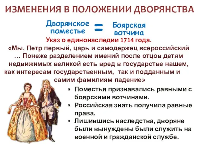 ИЗМЕНЕНИЯ В ПОЛОЖЕНИИ ДВОРЯНСТВА Указ о единонаследии 1714 года. «Мы,