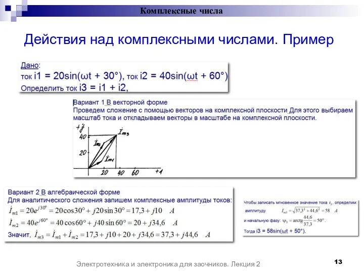 Действия над комплексными числами. Пример Комплексные числа Электротехника и электроника для заочников. Лекция 2