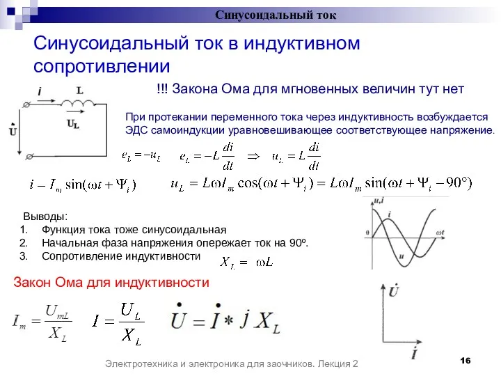 Синусоидальный ток в индуктивном сопротивлении Синусоидальный ток Электротехника и электроника