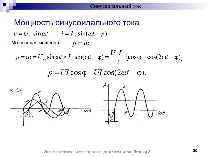 Мощность синусоидального тока Синусоидальный ток Электротехника и электроника для заочников. Лекция 2 Мгновенная мощность