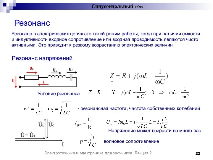 Резонанс Синусоидальный ток Электротехника и электроника для заочников. Лекция 2