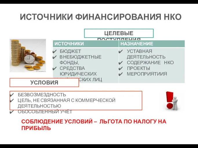 ИСТОЧНИКИ ФИНАНСИРОВАНИЯ НКО ЦЕЛЕВЫЕ ПОСТУПЛЕНИЯ УСЛОВИЯ БЕЗВОЗМЕЗДНОСТЬ ЦЕЛЬ, НЕ СВЯЗАННАЯ