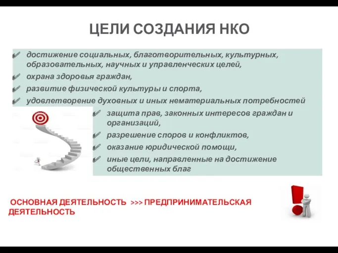 ЦЕЛИ СОЗДАНИЯ НКО ОСНОВНАЯ ДЕЯТЕЛЬНОСТЬ >>> ПРЕДПРИНИМАТЕЛЬСКАЯ ДЕЯТЕЛЬНОСТЬ защита прав,